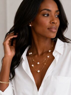 New! Classic Pearl Gold Bead Stacked Women’s Necklace NWOT
